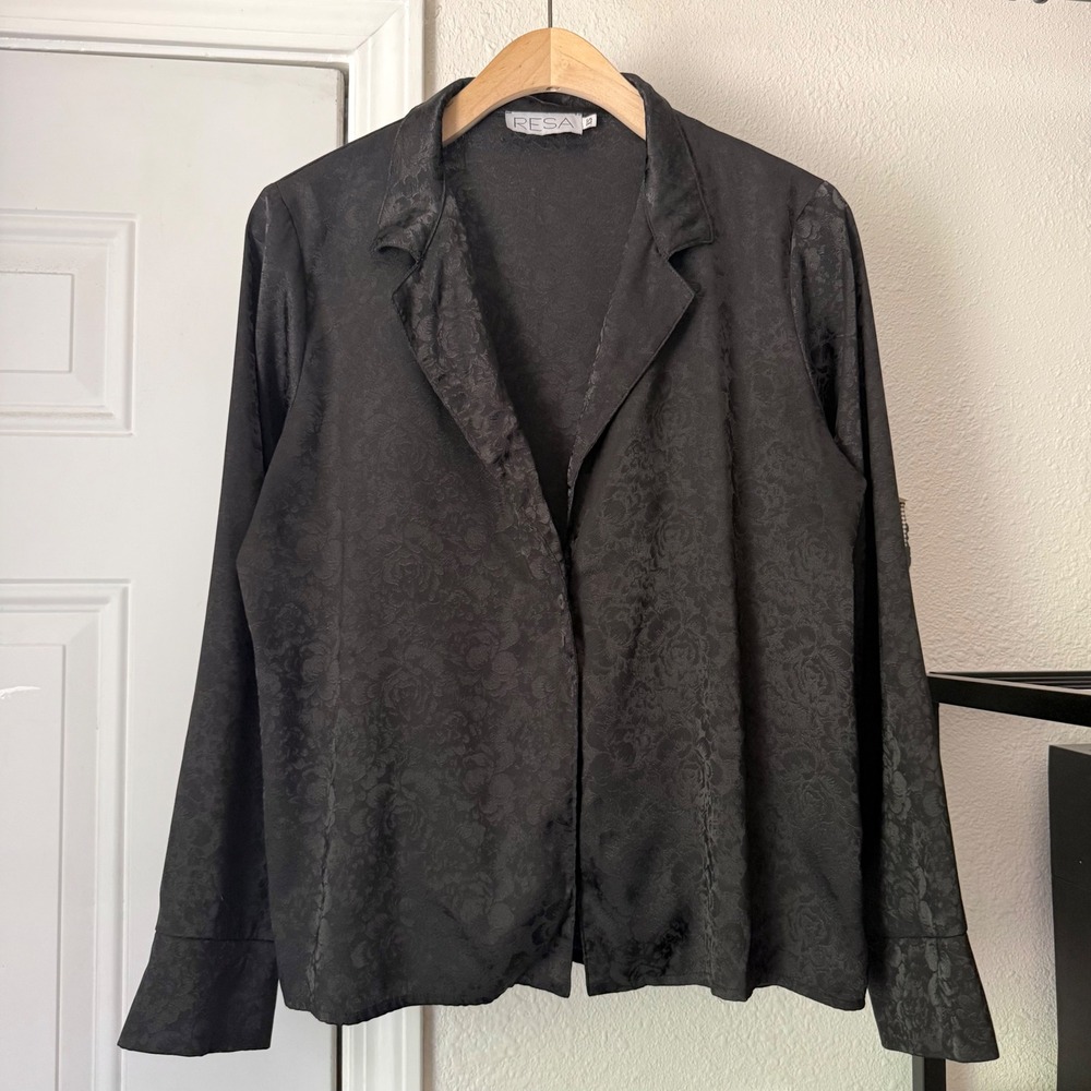 RESA black floral satin long sleeve one button up blouse shirt top